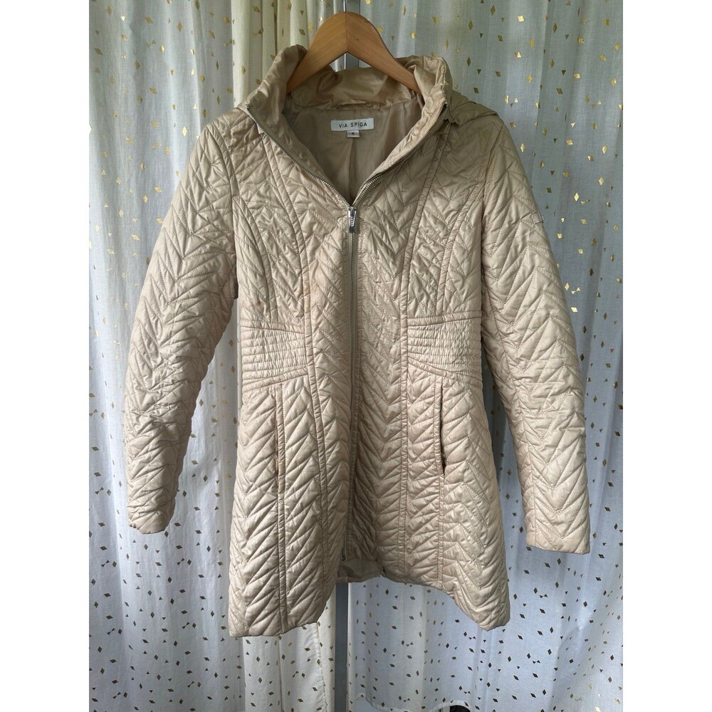 Via Spiga Zig Zag Quilted Detachable Hood Mid Length Jacket Side Pockets S - Picture 2 of 8